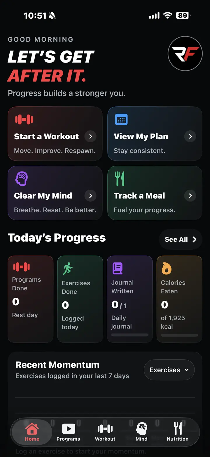 Respawn Fitness home dashboard with quick actions and today's progress