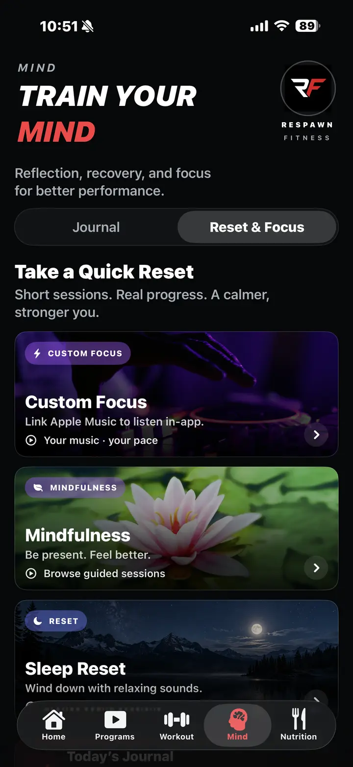 Mind screen with Custom Focus, Mindfulness and Sleep Reset sessions