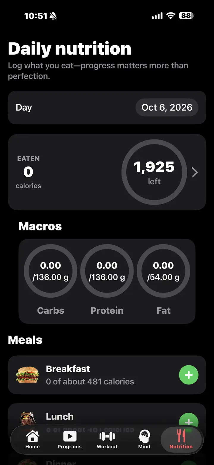 Daily nutrition tracker with calories, macros and meals