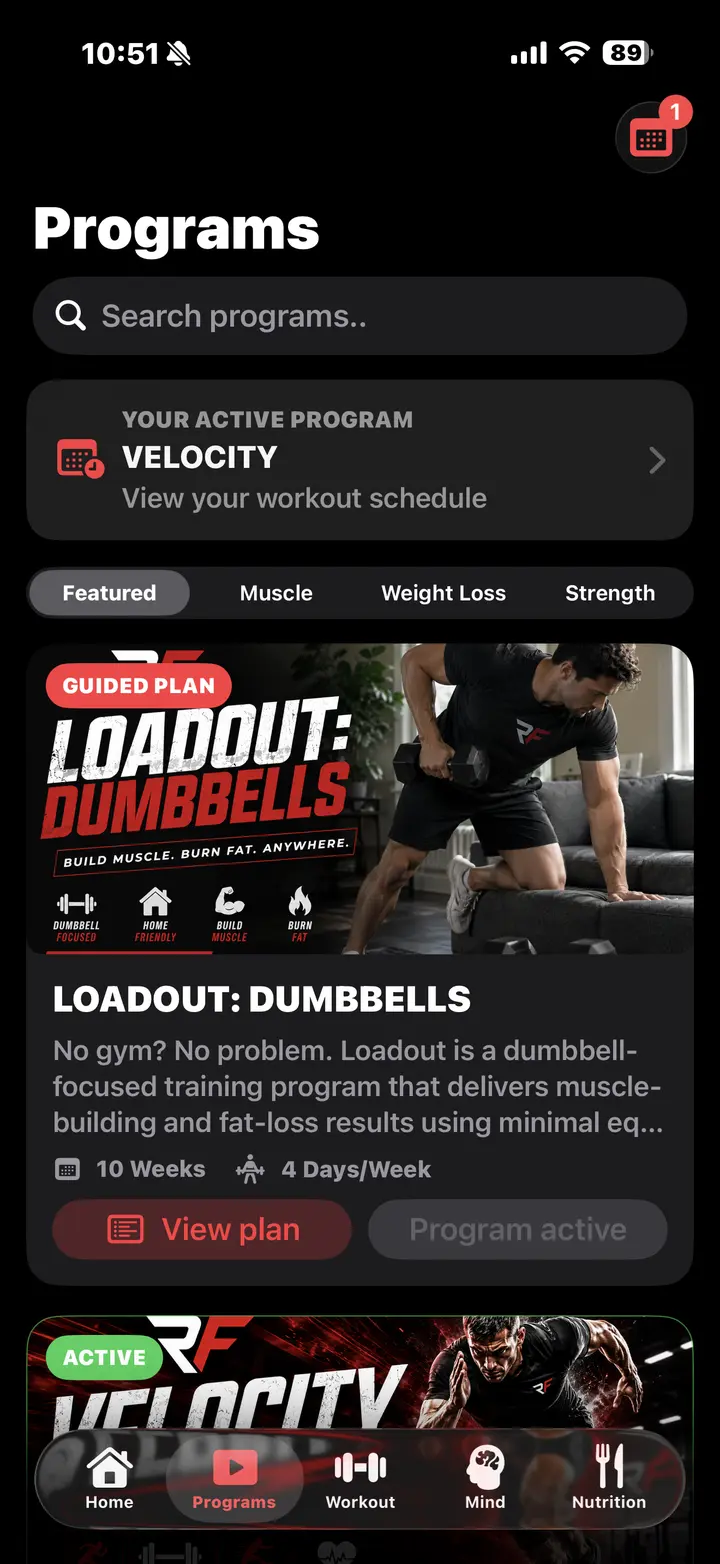 Programs screen showing the Loadout: Dumbbells guided plan