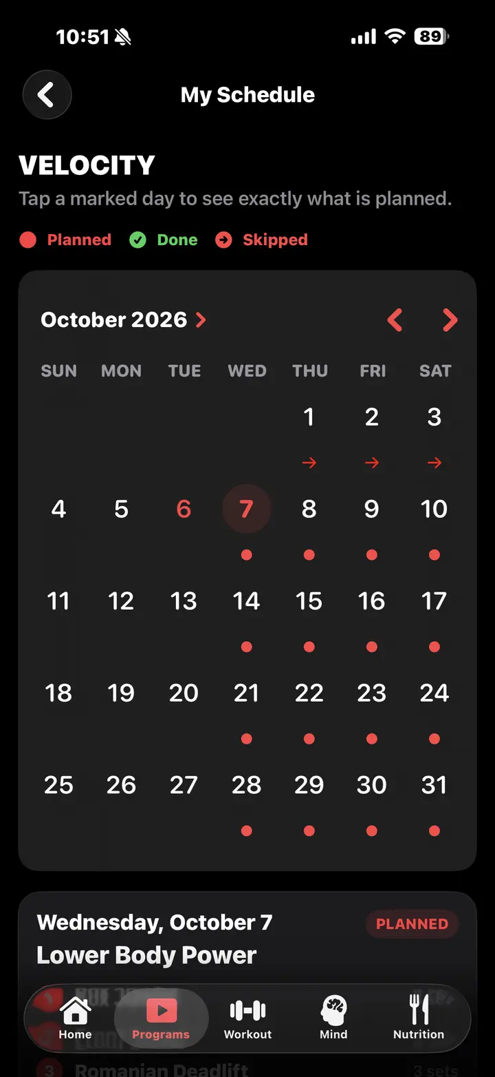 Monthly workout schedule calendar for the Velocity program