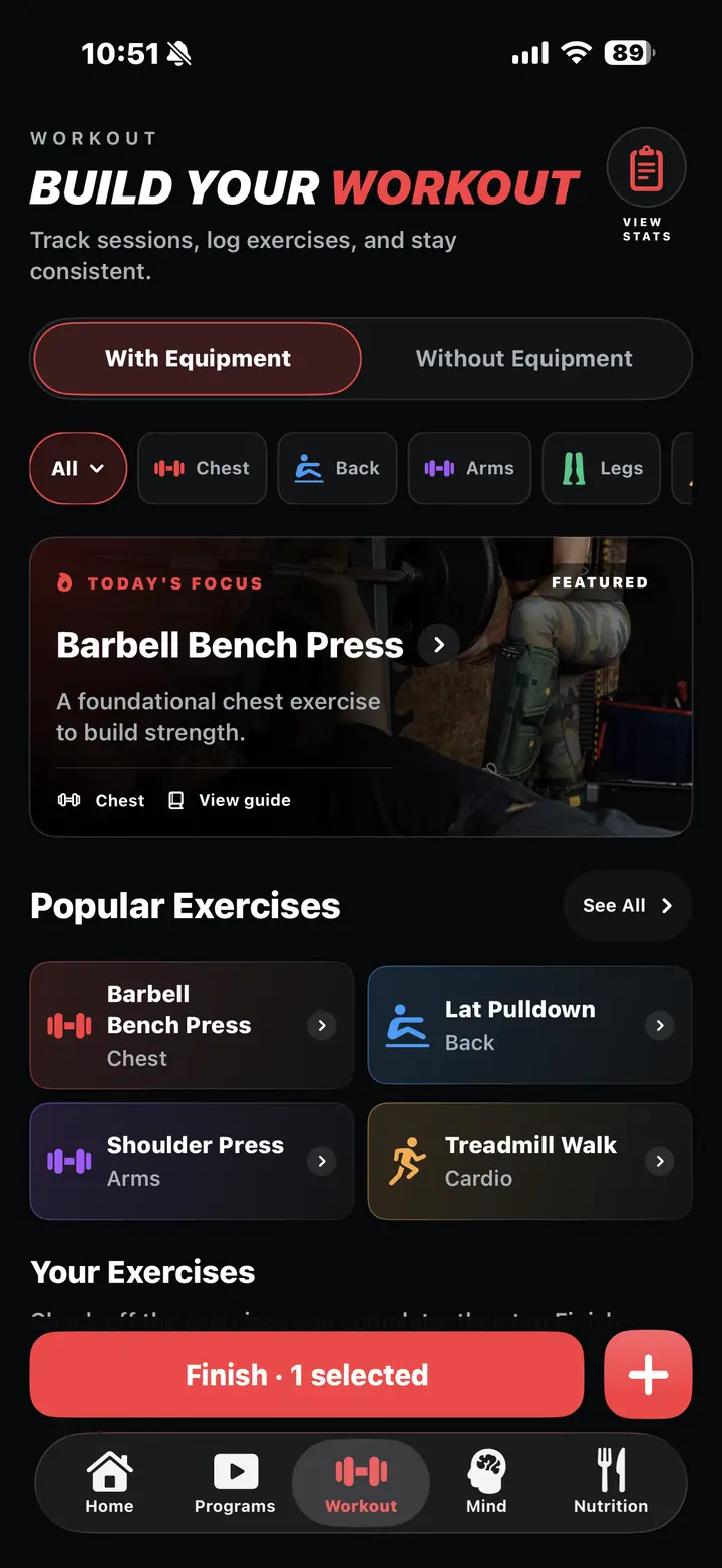 Workout builder with equipment filters and popular exercises
